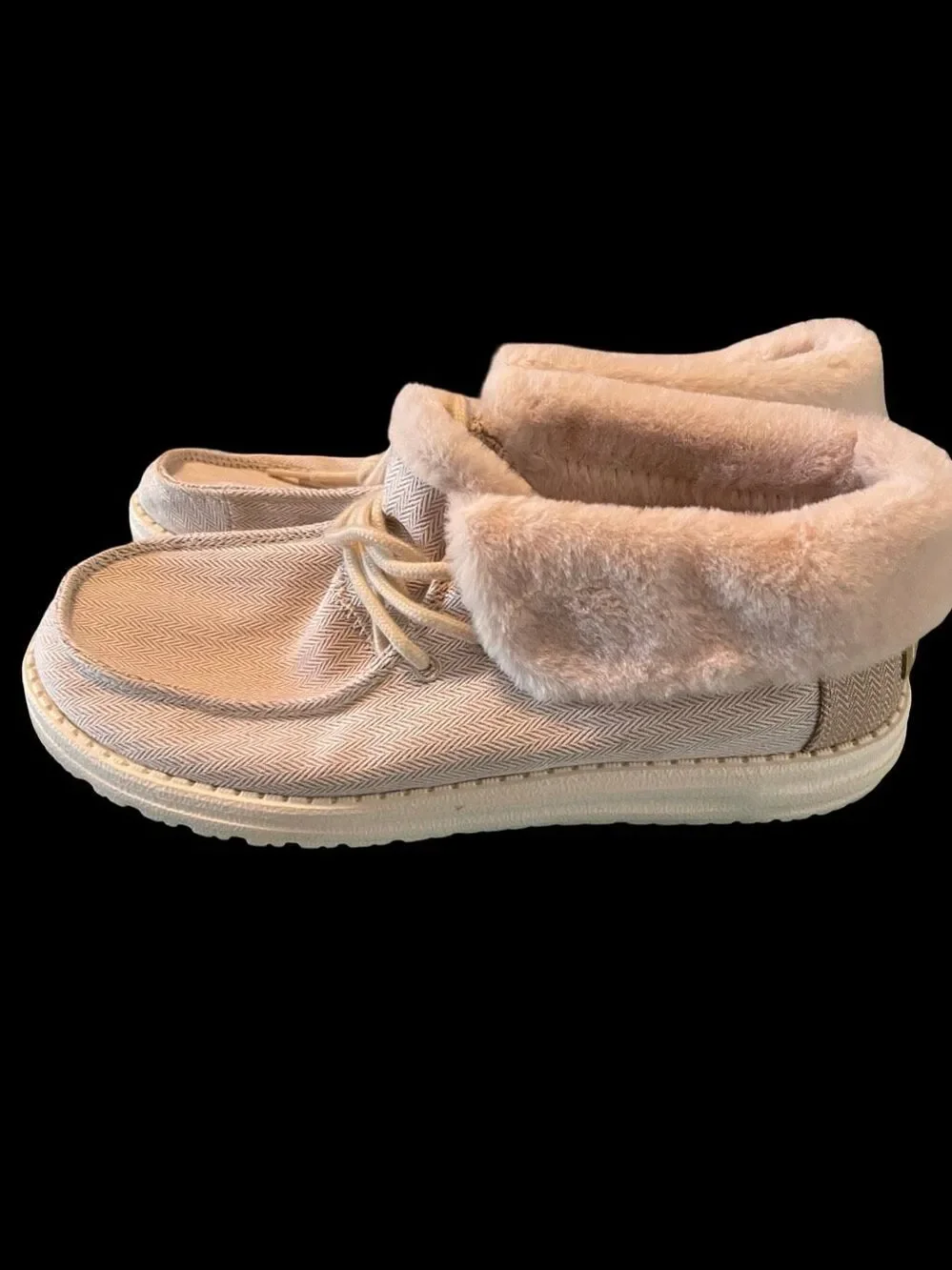 New Hey Dude Herringbone Cream Britt Faux Fur Fold Over Moccasins Shoes Size 9